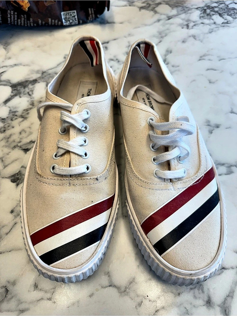 Thom Browne Canvas Heritage Sneakers with Vulcanized Soles Cream & Red men US 8